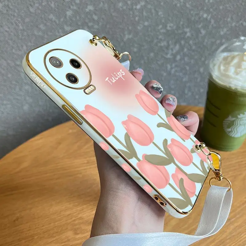 

Charming Tulips Lanyard Plating Phone Case For Infinix Note 12pro 12 11 11Pro 10 Pro 10 Hot 12 12 Play 11S 10 Play Cover