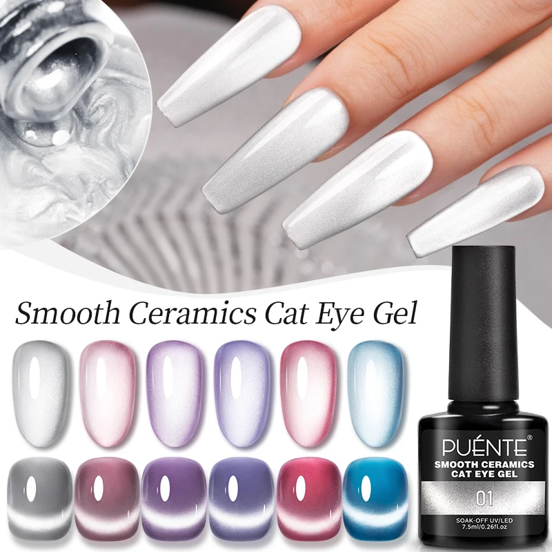 

PUENTE Smooth Ceramics Cat Magnetic Gel Nail Polish Silver Moonlight Cat Eye Effect Sparkling Glitter Semi-Permanent Varnish