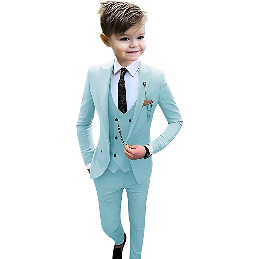 Solid Boy Wedding Suit Kid's Single Breasted Suits Blazer Vest Pants Peak Lapel Elegant Outfit Tuxedo Set 2 to 18 Years Old