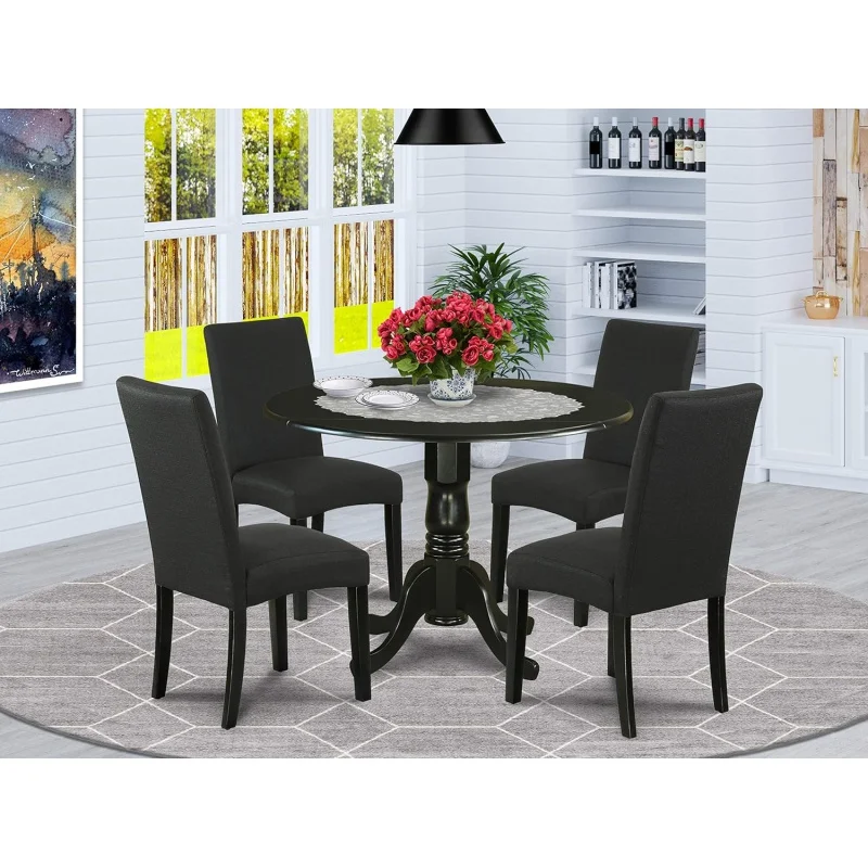 

East West Furniture DLDR5-BLK-24 5 Piece Modern Dining Table Set Includes a Round Wooden Table with Dropleaf and 4 Black Color L