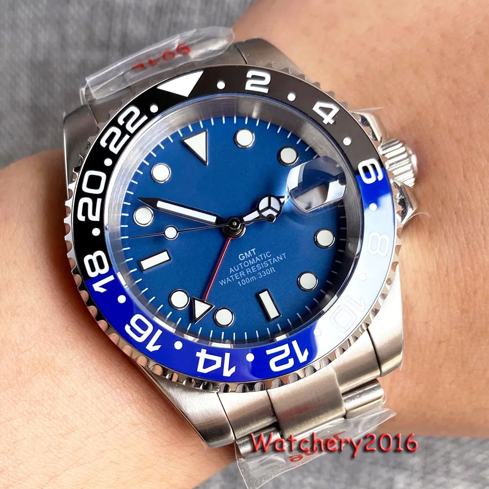 

Bliger 40mm Watch For Men Blue Dial Japan NH34 NH34A GMT 24H Blue Ceramic Bezel Mechanical Automatic Sapphire Glass Luminous