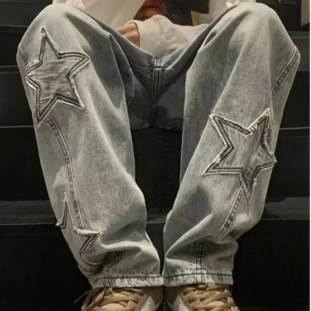 Star Embroidery Straight Casual Men Jeans Gothic Neutral Wide Leg 2024 New Fashion Loose Hip-hop Fashion Youth Streetwear Jeans