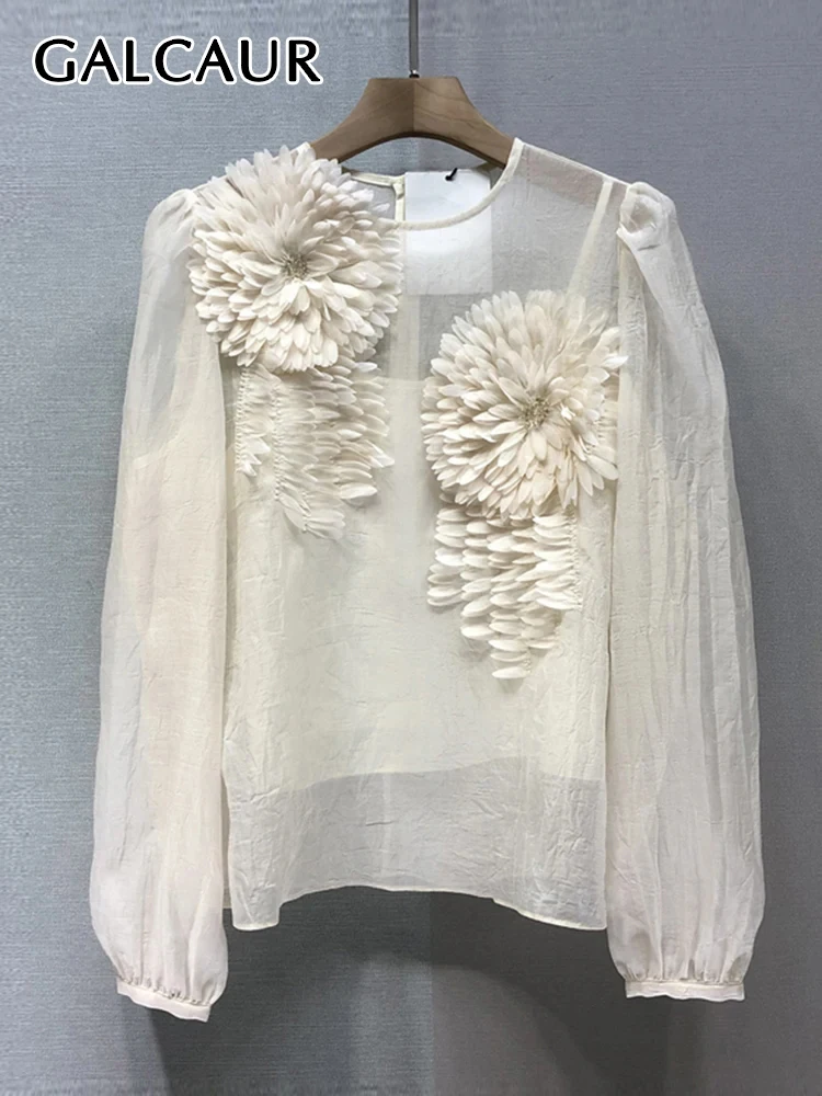 

Женская рубашка с аппликацией, круглым вырезом и рукавами-фонариками