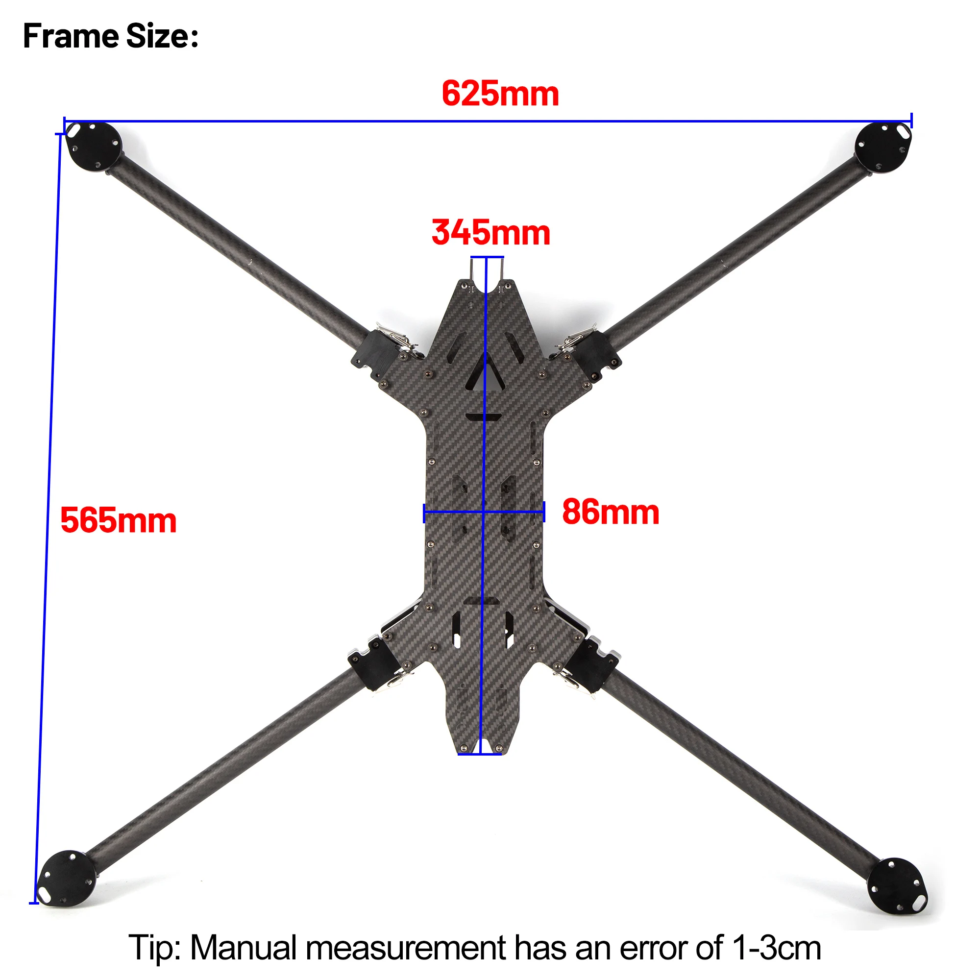 Détail du kit cadre pliable FPV carbone 17 pouces 790mm, avec platine centrale renforcée et trous de montage.