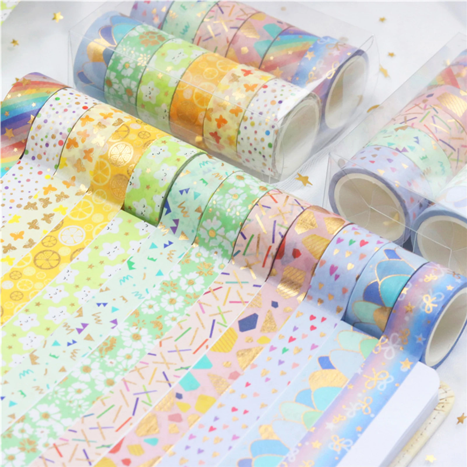 12 Rolls Washi Tape Set Cute Pattern Gold Foil Masking Tape 15mm Wide Adhesive Decorative Tape Sticker for DIY Crafts Gift