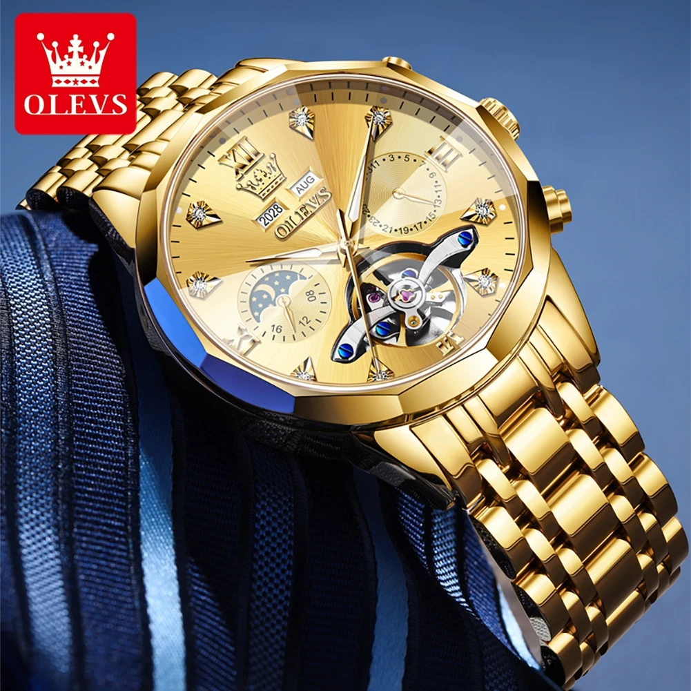 OLEVS 6621 Man Automatic Watch Rhombus Mirror Hollow Skeleton Mechanical Watch For Men Steel Strap Moon Phase Luxury Wristwatch