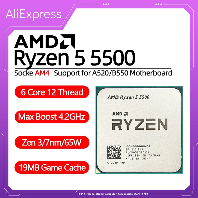 AMD Ryzen 5 5500 Processor Kit Ryzen 6 Core 12 Thread 4.2GHz Zen3 7nm 65W Socket AM4 PC Gamer Processador 5500 라이젠