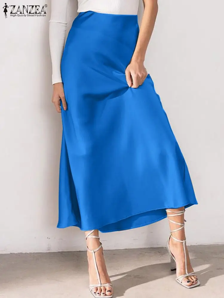 ZANZEAElegantWomenSatinSkirtsFashionSolidLongSkirtsALine