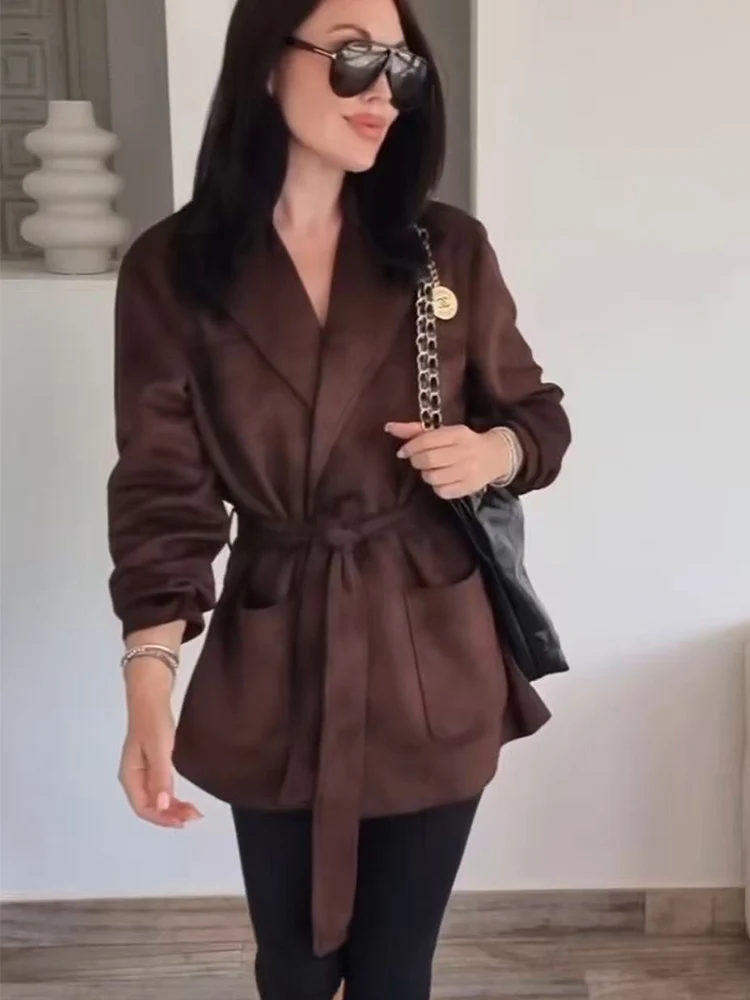Woman's Suede Jacket With Belt 2025 Autumn Maillard Color Single Breasted Bowknot Belt Mid-length Coat Femme Elegant Warm Coat