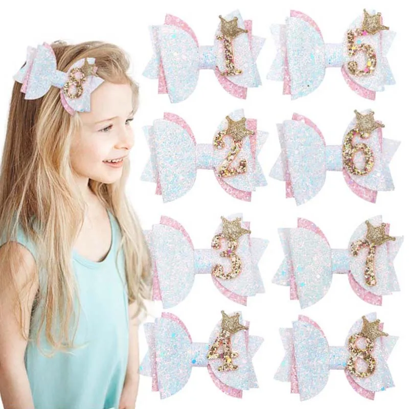 Oaoleer Fashion Glitter Birthday Hair Clip For Baby Girl Handmade Hair Bow Hairpins Barrettes Princess Headwear Hair Accessories