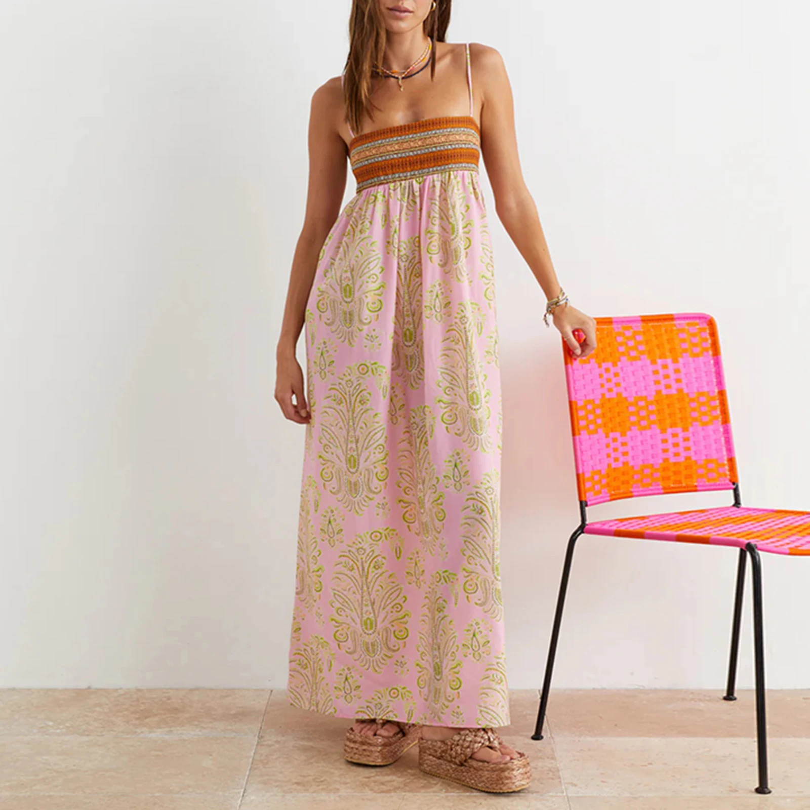 

Women Spaghetti Strap Dress Vintage Print Boat Neck Sleeveless Backless Cami Long Bodice Dresses