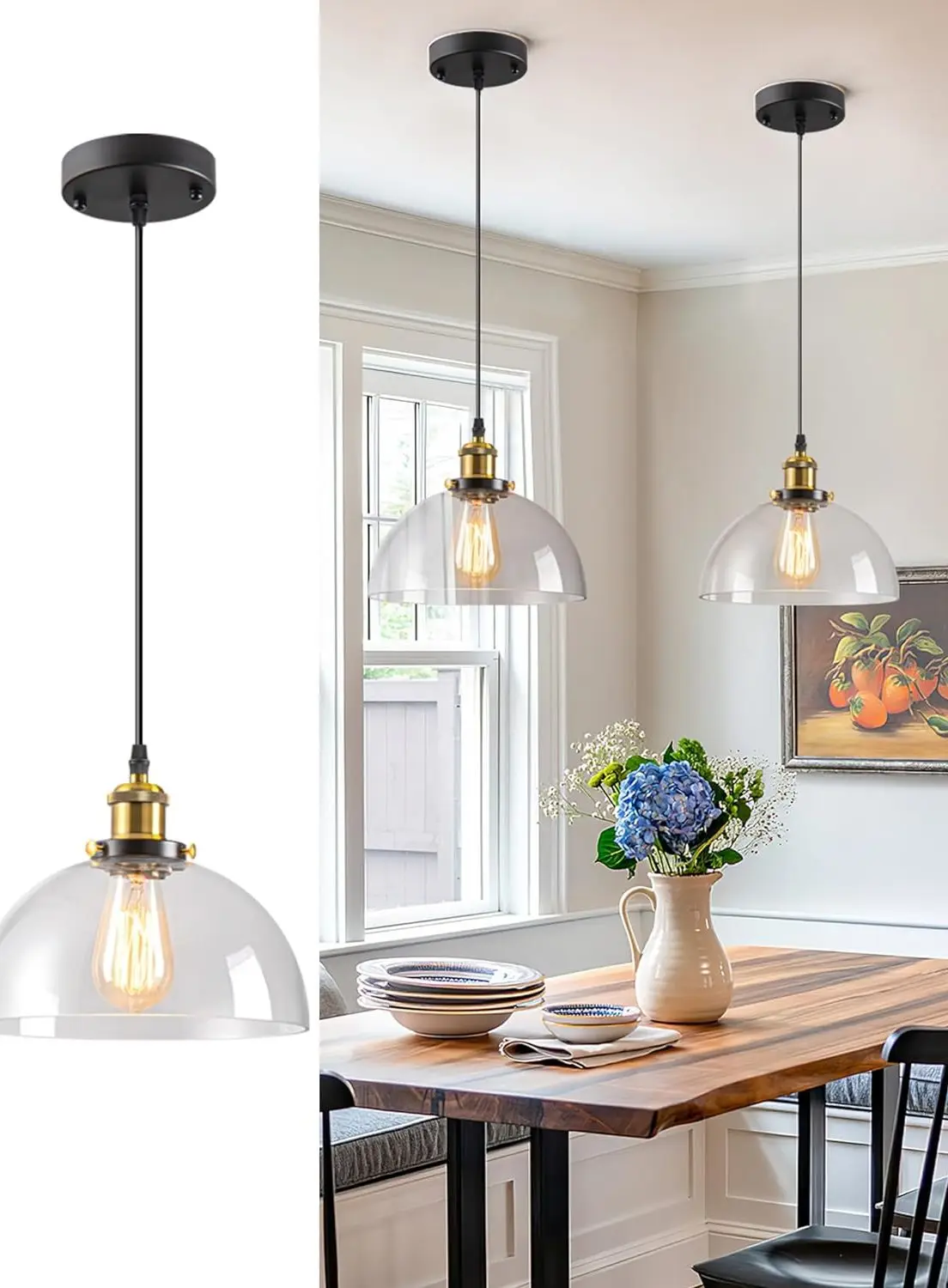 

Glass Pendant Light Fixtures, 9.8" Farmhouse Modern Hanging Lighting Industrial Dome Pendant Lights for Kitchen Island