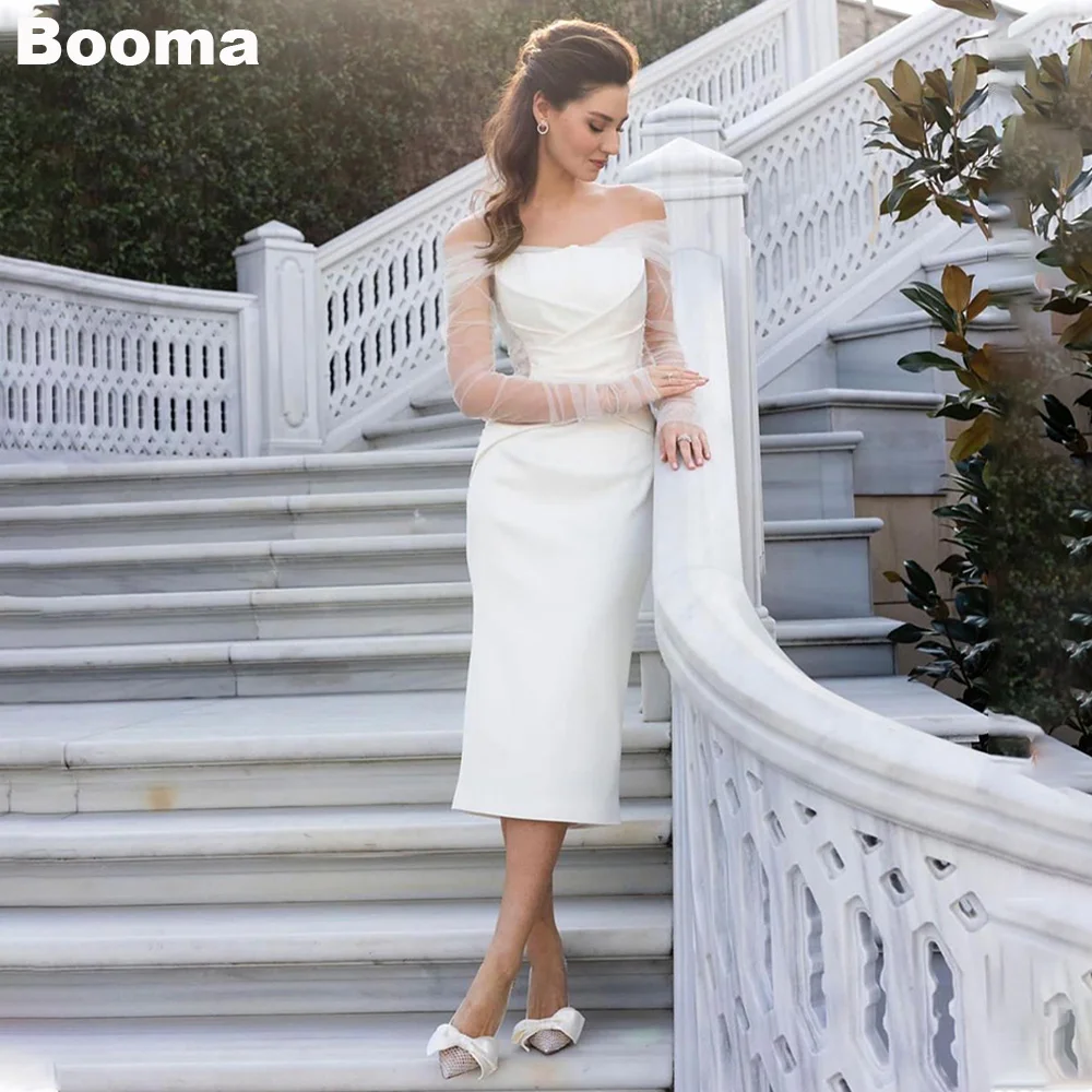 

Booma Elegant Short Wedding Party Dresses Off Shoulder Pleat Mermaid Evening Dress for Brides Tea-length Simple Bridals Gowns