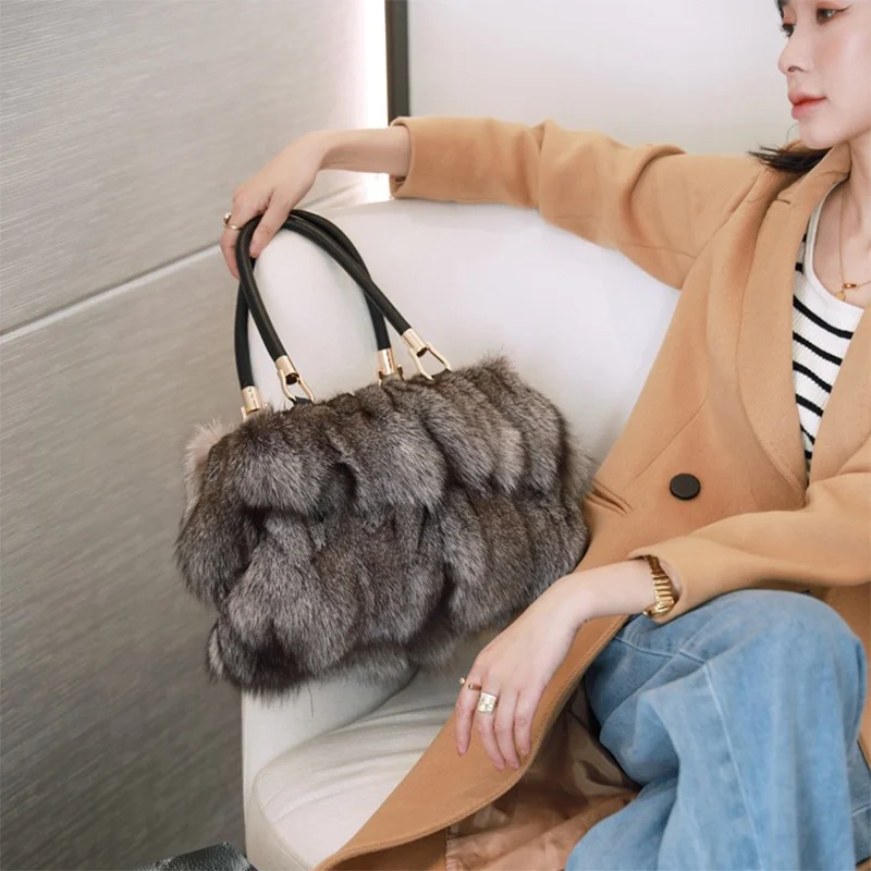 High Quality Fox Fur Handbag Women's Leather Large Capacity Shoulder Bag High-end Fur Elegant Crossbody Bag Winter New