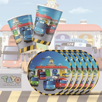 Tayo The Little Bus 테마 어린이 생일 장식 파티 용품, 자동차 일회용 수저 식탁보, 컵케이크 토퍼, 베이비 샤워
