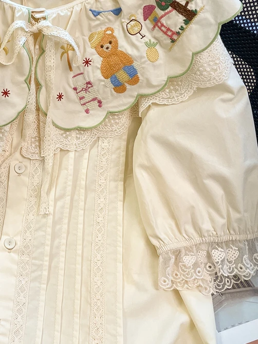 Japanese Cute Bear Embroidery Short Sleeve Shirt Female Student Summer Vintage Lace Doll Collar Single Breasted Women Shirt