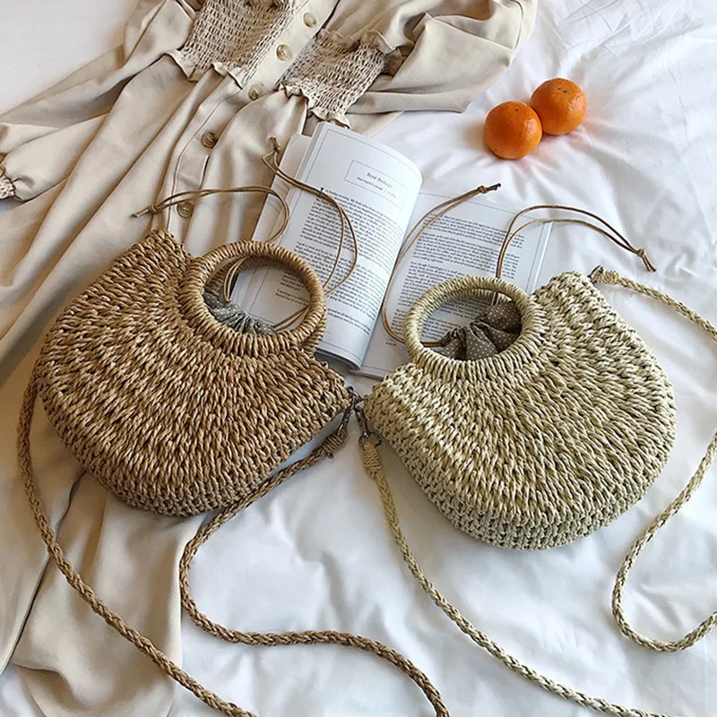 

Straw Woven Bag Handmade Rattan Woven Vintage Retro Straw Rope Knitted Women Crossbody Handbag With Ring Fresh Summer Beach Bag