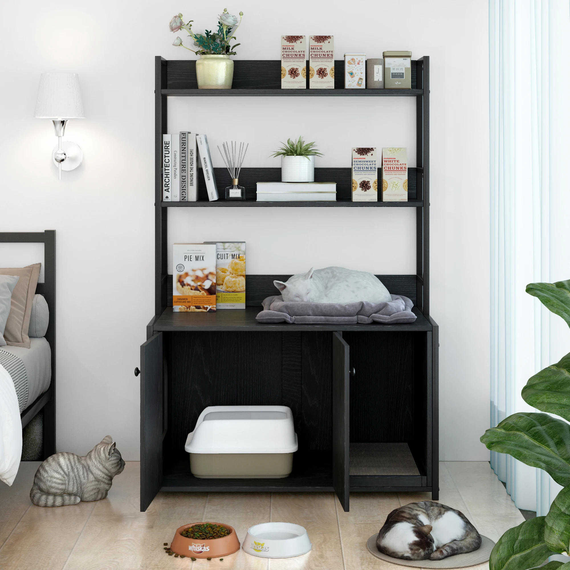 Cat Litter Box Enclosure 2-Tier Display Storage Shelves Wooden Cat House Washroom Metal Frame Cabinet Furniture
