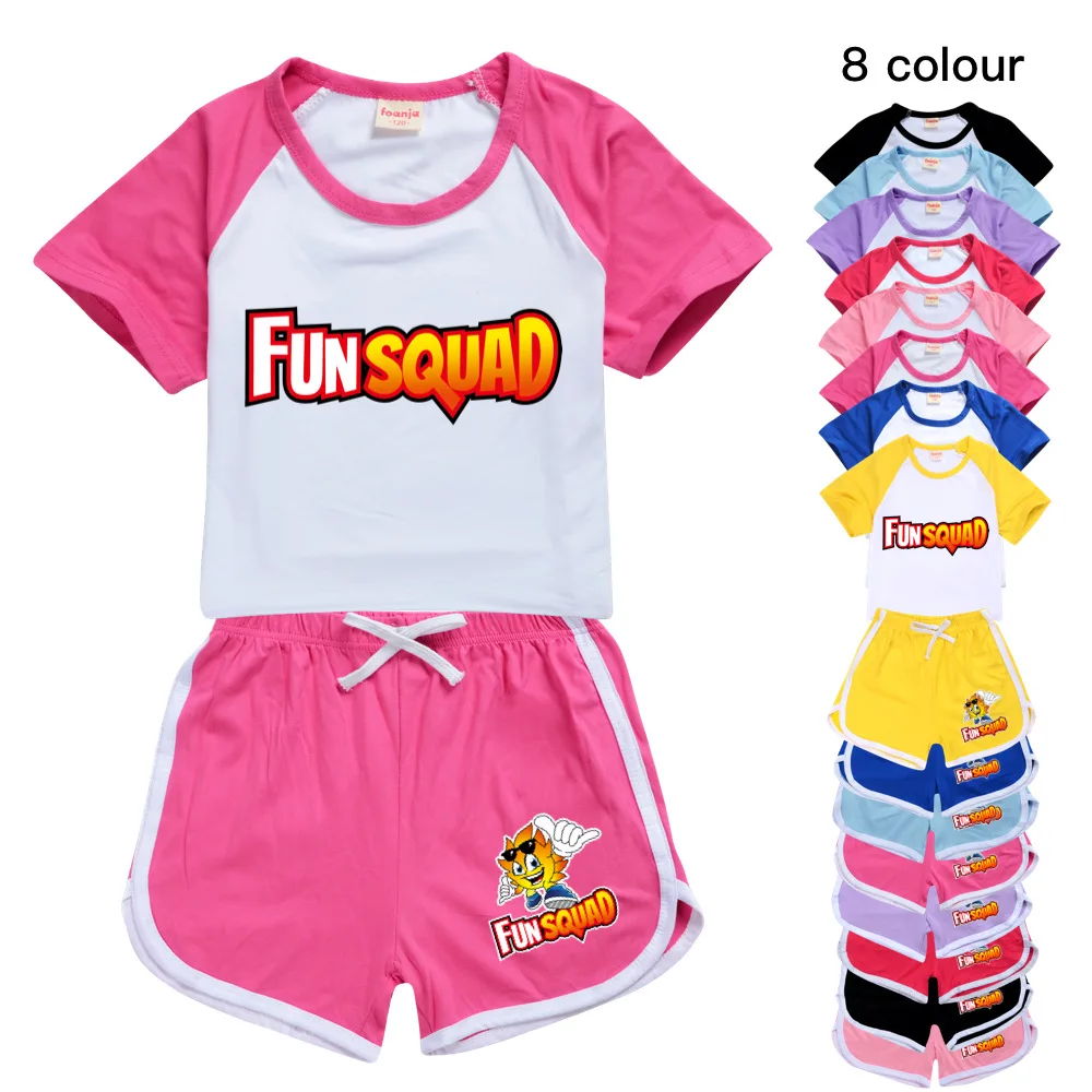 

2023 New Girls Boys Summer Cartoon Fun Squad Game Kids Sports T-Shirt+Pants 2-piece Set Children's Clothes Outfits Pyjamas