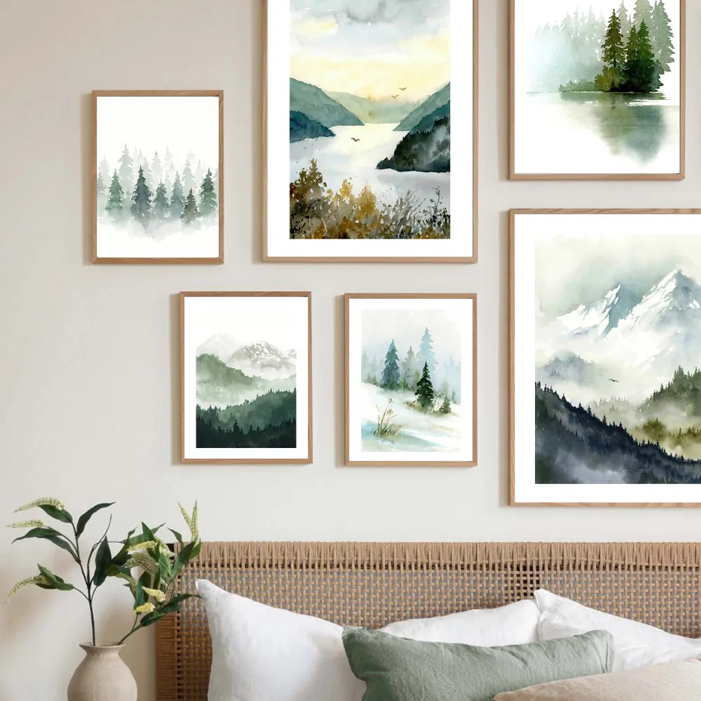 Canvas wall art Oil painting wall art Foggy Mountain Misty Forest Pine Sage Green Wall Art Canvas Painting Nordic Poster And Prints Wall Picture for Living Room Decor
