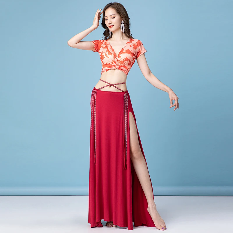 

Женский костюм для танца живота, длинное платье с двойным разрезом и стразами, костюм для восточных танцев, весна-лето 2024