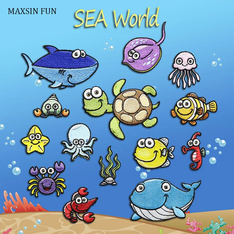 

MAXSIN FUN Sea World Creatures Iron on Cartoon Animals Stickers Children's Clothing Patches DIY Decoration Repair Adhesive