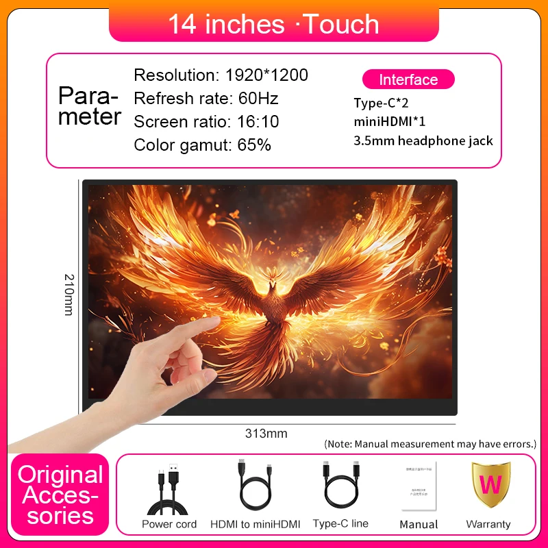 Portable Touch Monitor 14 Inch IPS Panel Display - USB-C Gaming Screen With Built-In Speakers
