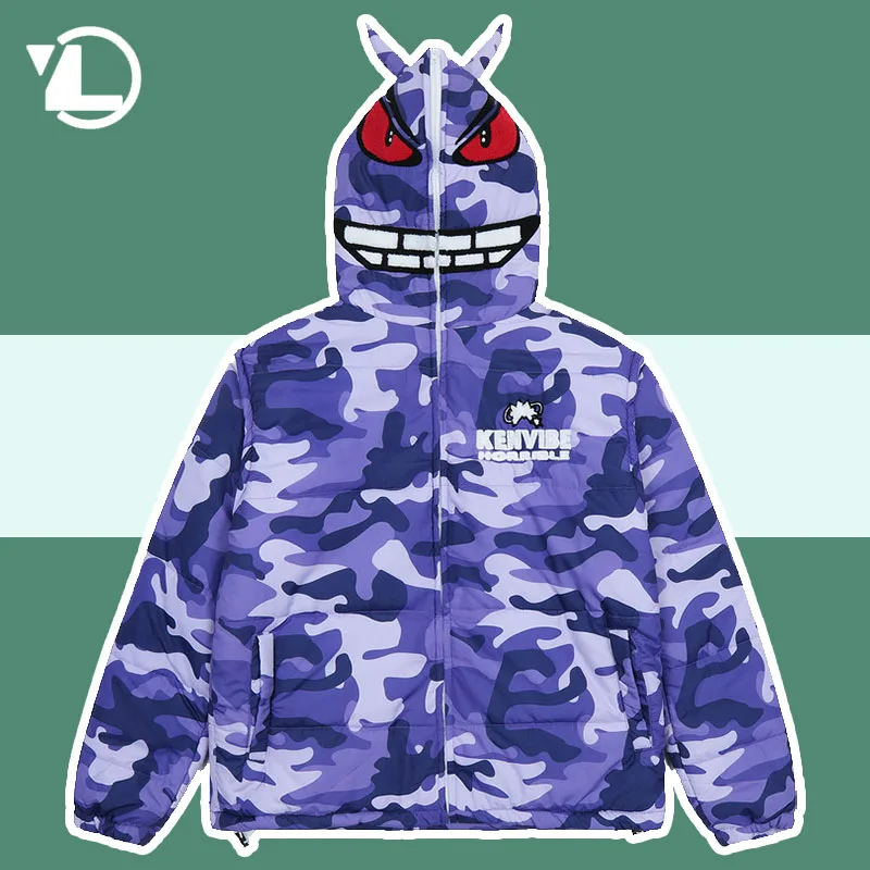 

High Street Parkas Men Camo Hip Hop Devil Horns Designer Hooded Padded Jackets Male Winter Retro Thick Warm Puffer Bubble Coats