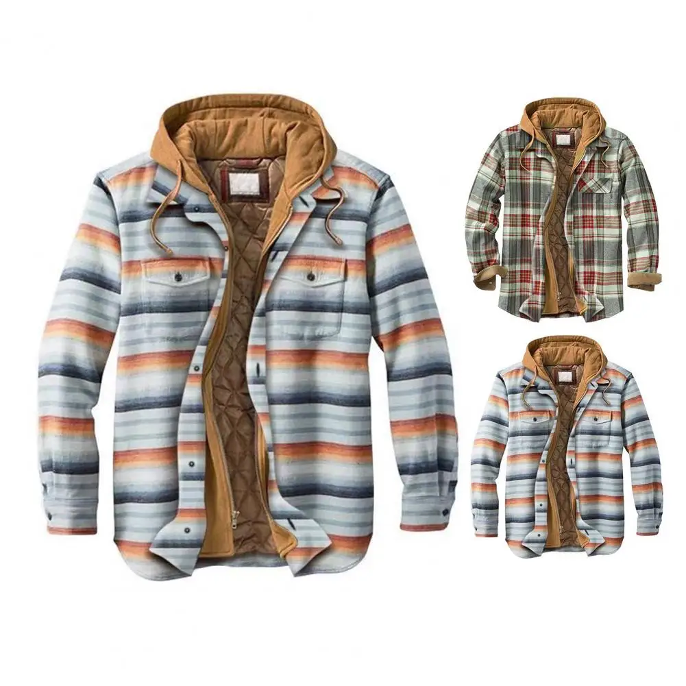 Men's Winter Hooded Coat Plaid Print Casual Shirt Jacket