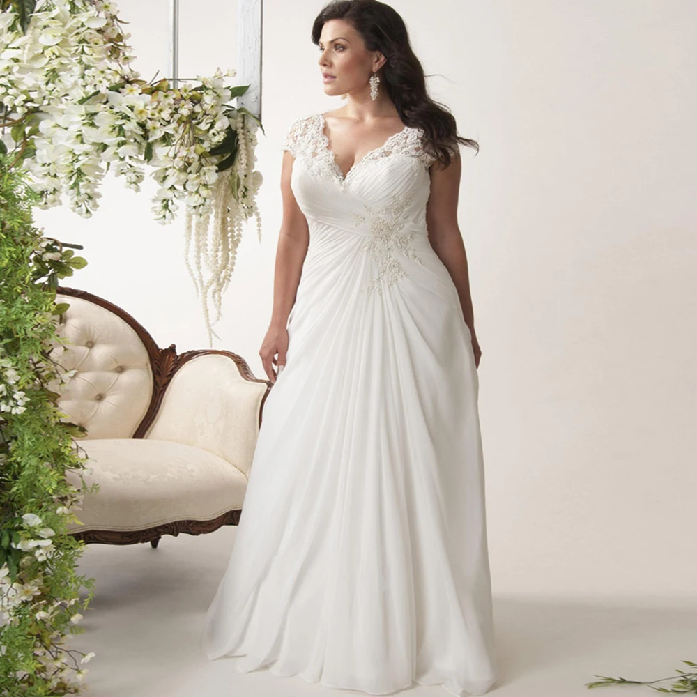 Weilinsha In Stock Plus Size Wedding Dress Cap Sleeve Applique Beaded Chiffon Beach Bridal Wedding Dresses Vestido De Noiva 1