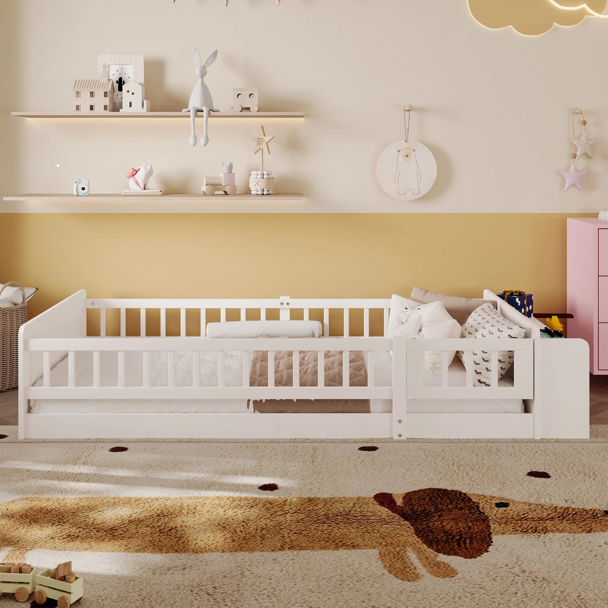Holzbett, Kinderbett, Kiefernholz, offener Stauraum, Regale, Aufbewahrungsbox, ohne Matratze, weiß – Detail 8