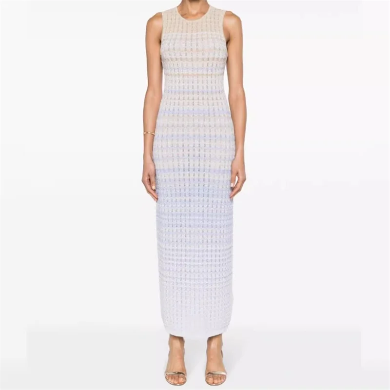 

Elegant dresses for women 2024 Summer New Korean Fashion Gradient Colors Long dress Elastic knitted sleeveless Party dresses y2k