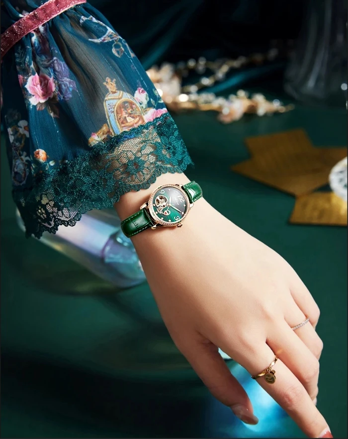 Luxus Automatische Skelett Mechanische Uhr Damen Uhr Hochwertige Wasserdichte Diamant Grüne Uhr Leuchtende Uhr_voghion.com