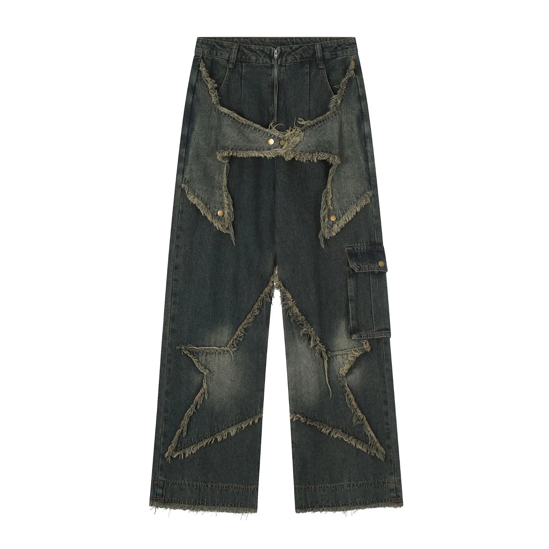 

New Womens Jeans Wash Water Patch Embroidered Straight Tube Denim Pants for Women