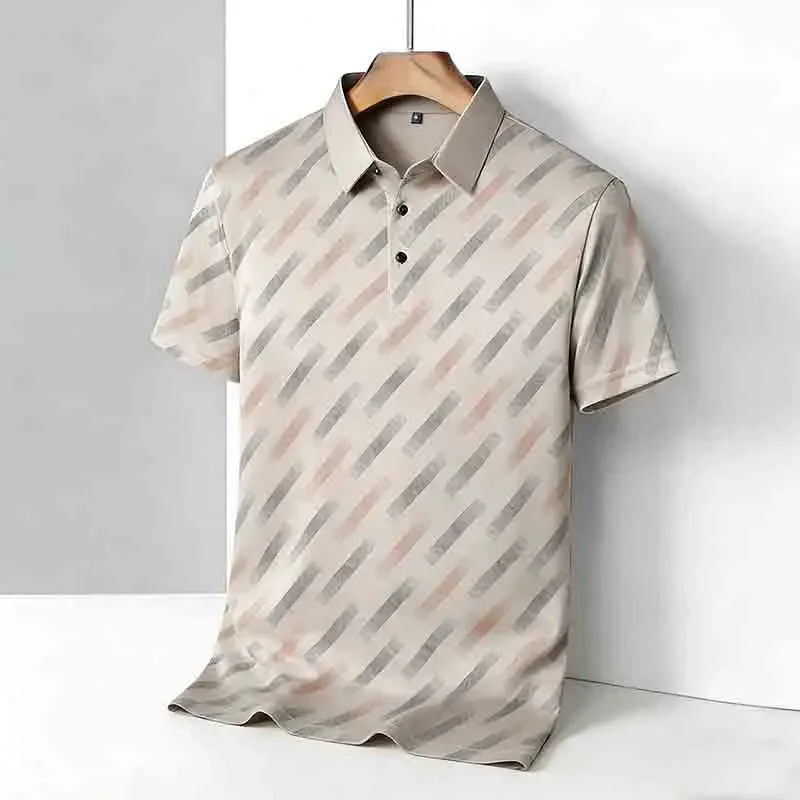 Modisches Herren-Poloshirt mit kurzen Ärmeln, Reverskragen, diagonal gestreiftem Print, lässige Business-Golf-Oberteile