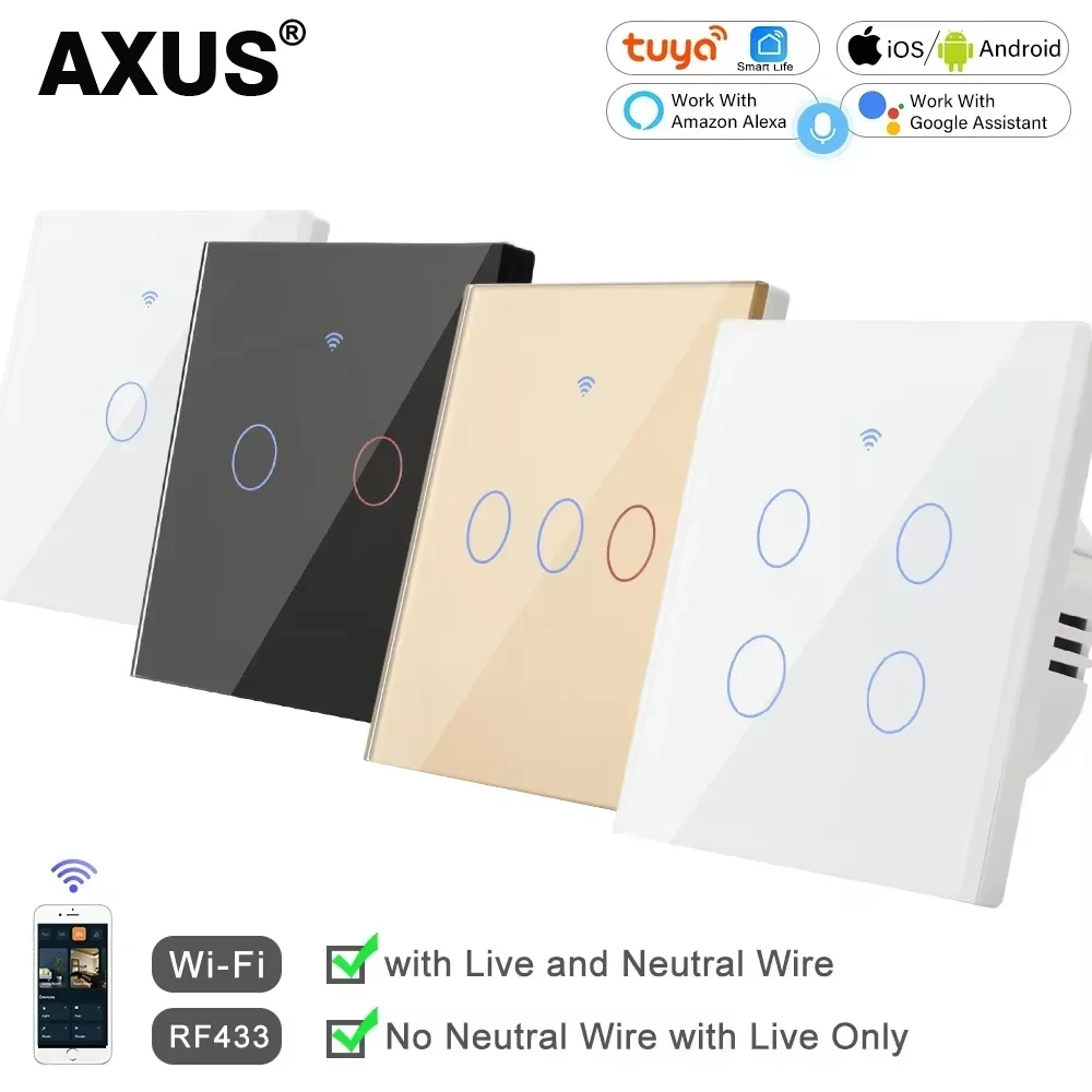 Smart Switch 220V no Neutral EU 1/2/3/4 Gang EU WiFi RF 433mhz Wireless Touch Wall Light with Switch Button Tuya Alexa Google