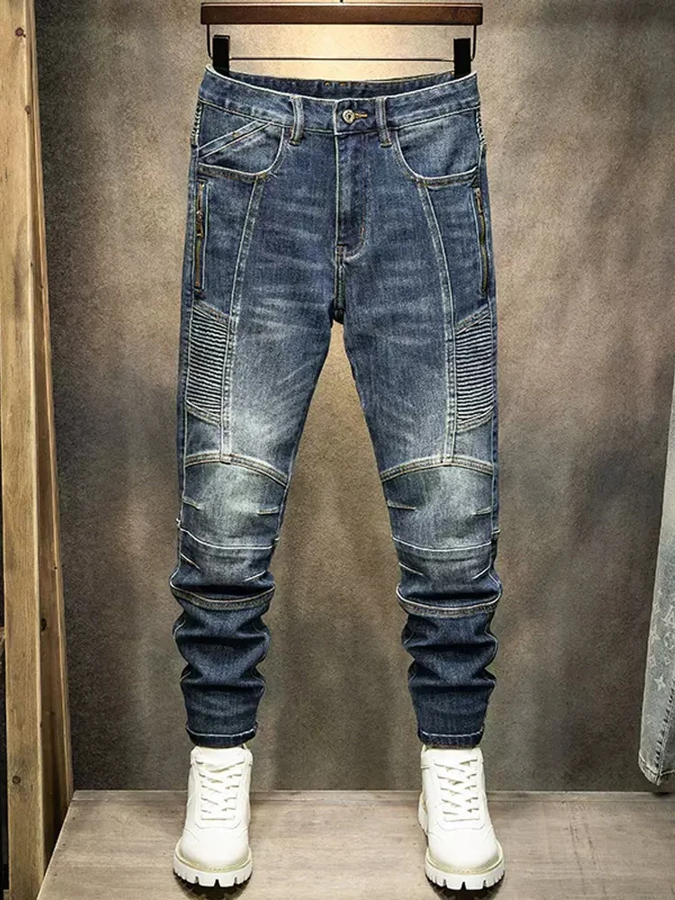Street Fashion Men Jeans Retro Blue Elastic Stretch Skinny Fit Spliced Designer Biker Jeans Men Patched Hip Hop Denim Pants Men