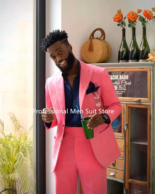 Men's Pink Suit, Light Blue Dress Shirt, Navy Tie | Lookastic