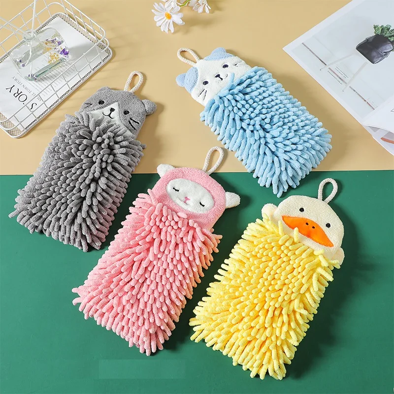 1pc Chenille Cute Hand Towel, Yellow Absorbent Polyester Hand Wipe Towel  For Household