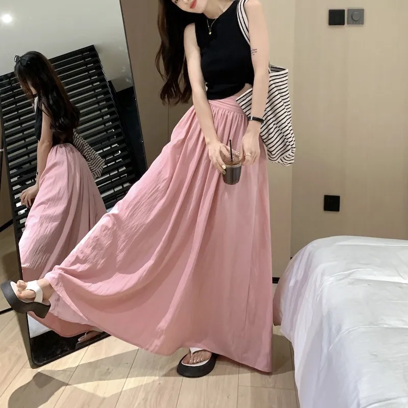 

2023 New Arrival Summer Women Loose Casual A-line Ankle-length Skirt All-matched Korean Style High Waist Skirts V626