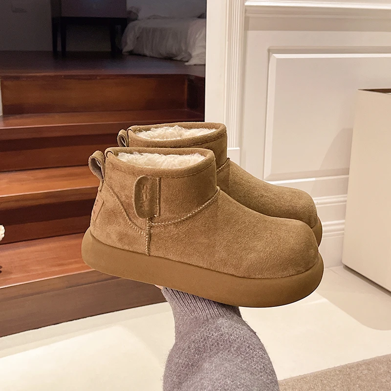 Aphixta Winter Warm Snow Boots Cow Suede Short Plush Lining Woman Flat With Boot Brown Round Toe Slip On Concise Ladies Footwear