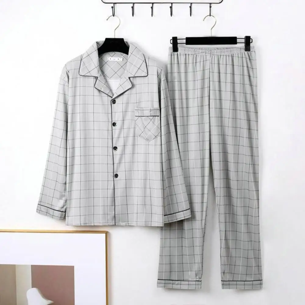 

Fall Pajama Set Men's Fall Winter Pajamas Set with Striped Plaid Print Color Matching Lapel Single-breasted Design Long Sleeve