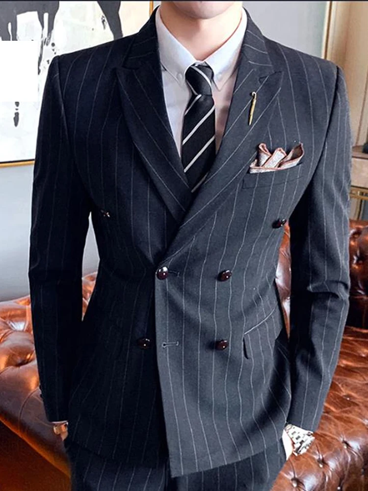 Business Men Suit Vertical Stripes Tailor-Made Tuxedo 3 Pieces Coat Vest  Pants Slim Fit Wedding Tuxedo Blazer Groom Groomsman - AliExpress