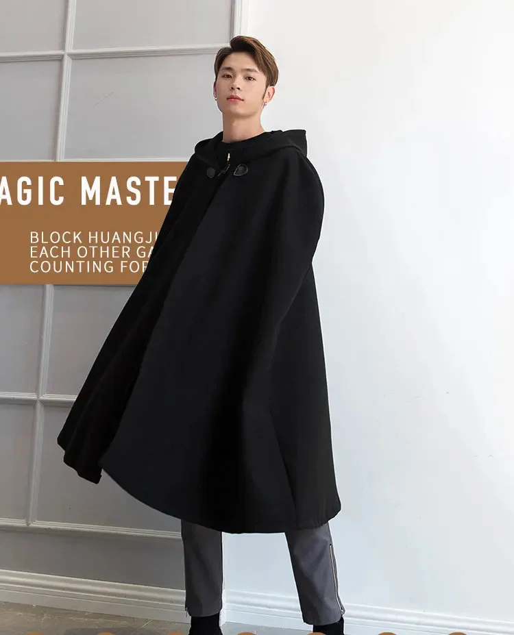 Description Picture 3 of itemHooded cloak coat long paragraph over the knee Japan and South Korea fashion retro sleeveless autumn winter tide male wizard
