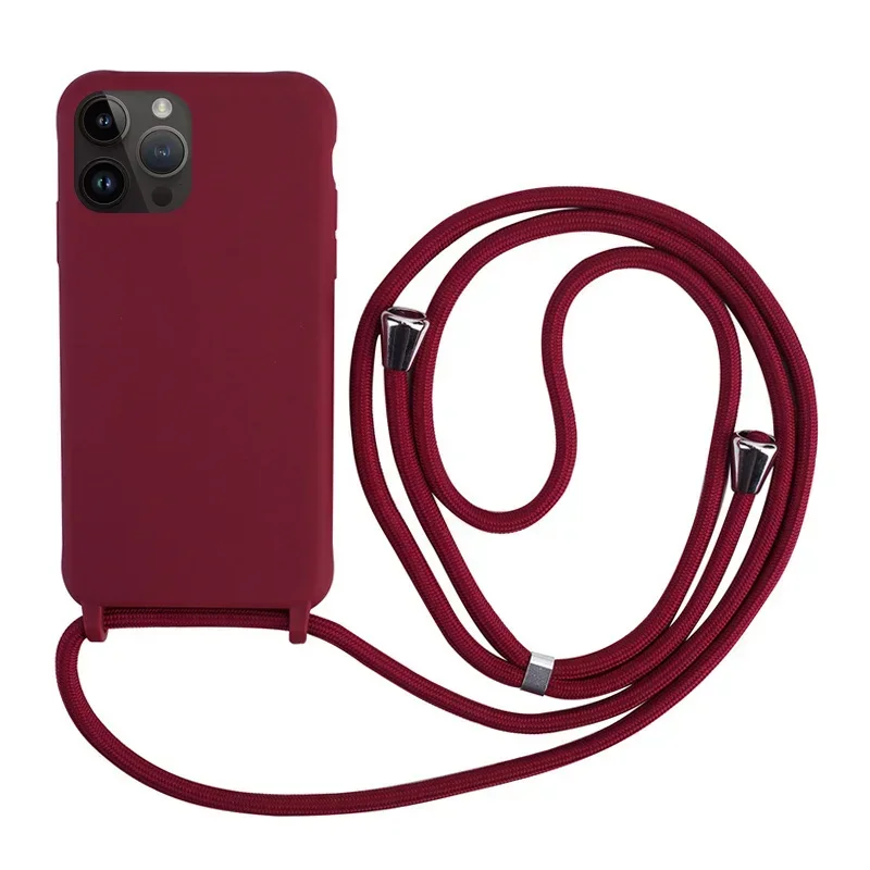 thumbnail image 1 of Funda de teléfono de silicona con correa cruzada y cordón para iPhone 16, 15, 14, 13, 12 Mini, 11 Pro Max Plus, carcasa trasera de TPU suave de color caramelo, 1 of 5