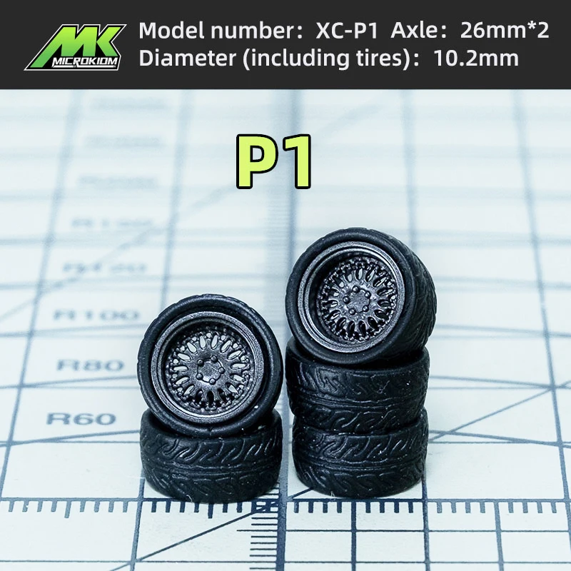 1/64 휠 핫 휠, ABS 및 고무 타이어, 자동차 모델 개조 휠, 금속 샤프트, 사출 성형 허브, 1:64, 10.2mm