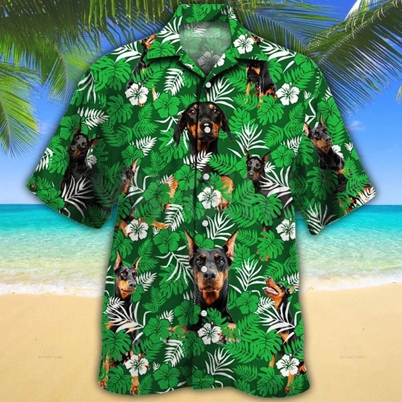 

Doberman Pinscher Green Floral 3D All Over Printed Hawaiian Shirt Men's For Women's Harajuku Casual Shirt Unisex