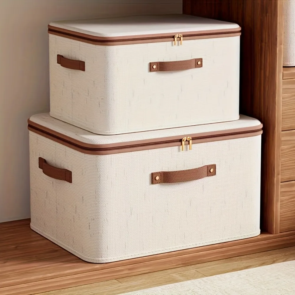 Foldable Linen Storage Box with Double Zippers and Faux Leather Handle, Large Capacity Under-Bed Storage Basket with Lid