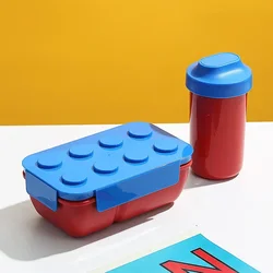 DIY Building Block Modular Lunch Box for Kids - Portable Outdoor Picnic & Bento Food Storage Container (Blue 1050ML and Cup)