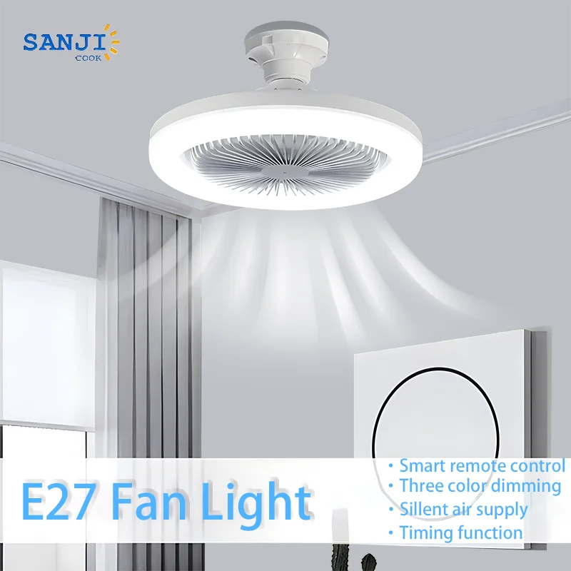 

E27 Plug Smart Remote Control Ceiling Fan LED Fan Lighting Ceiling Lamp Suitable For Living Room And Bedroom With Converter Base
